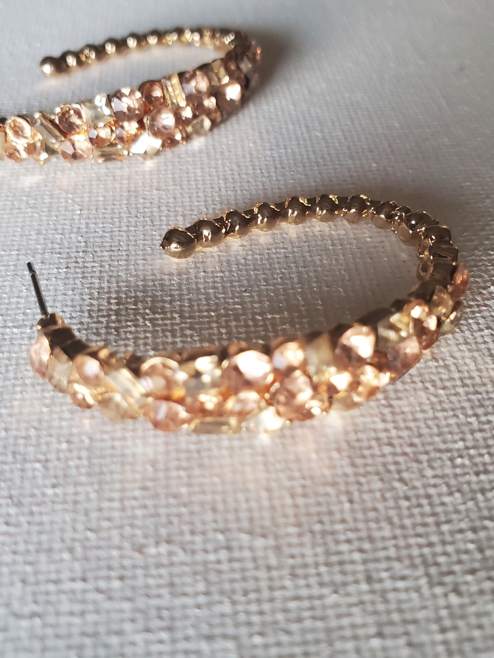 Gold-Tone Crystal Hoop Earrings - Sparkling‎ Rose Gold Stones - Picture 2 of 7